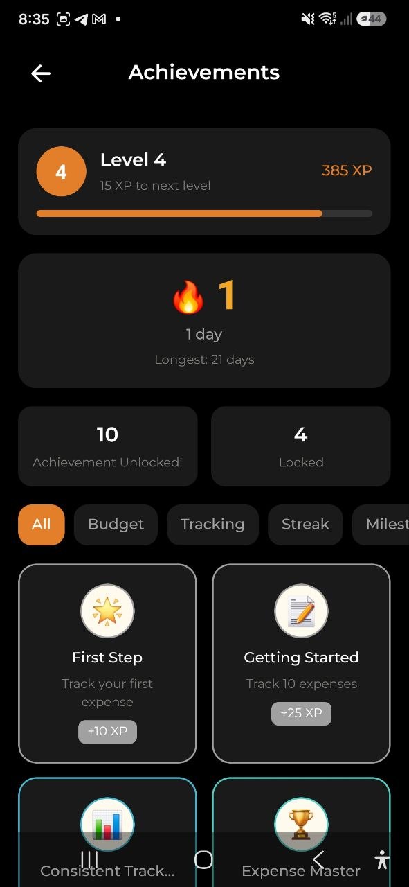 Achievements screen with level, streak and badges