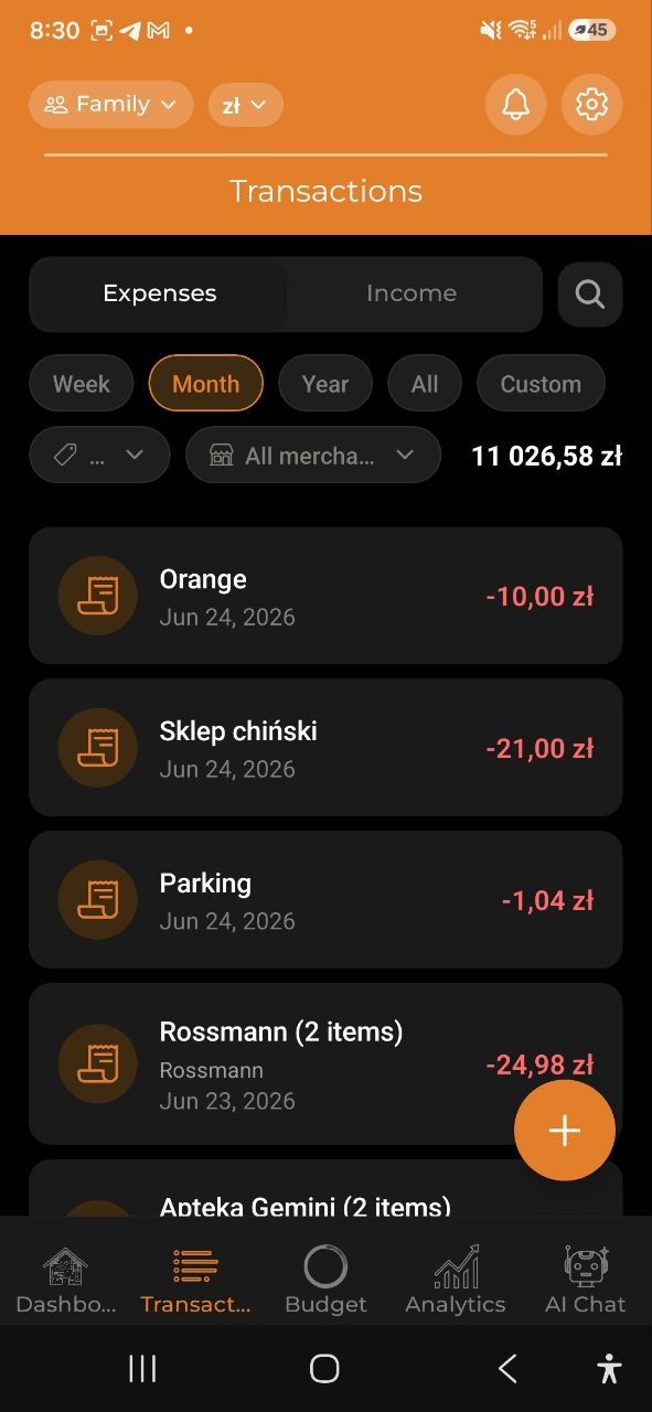 Transaction list with expenses