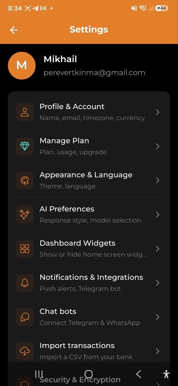 Settings — Profile section
