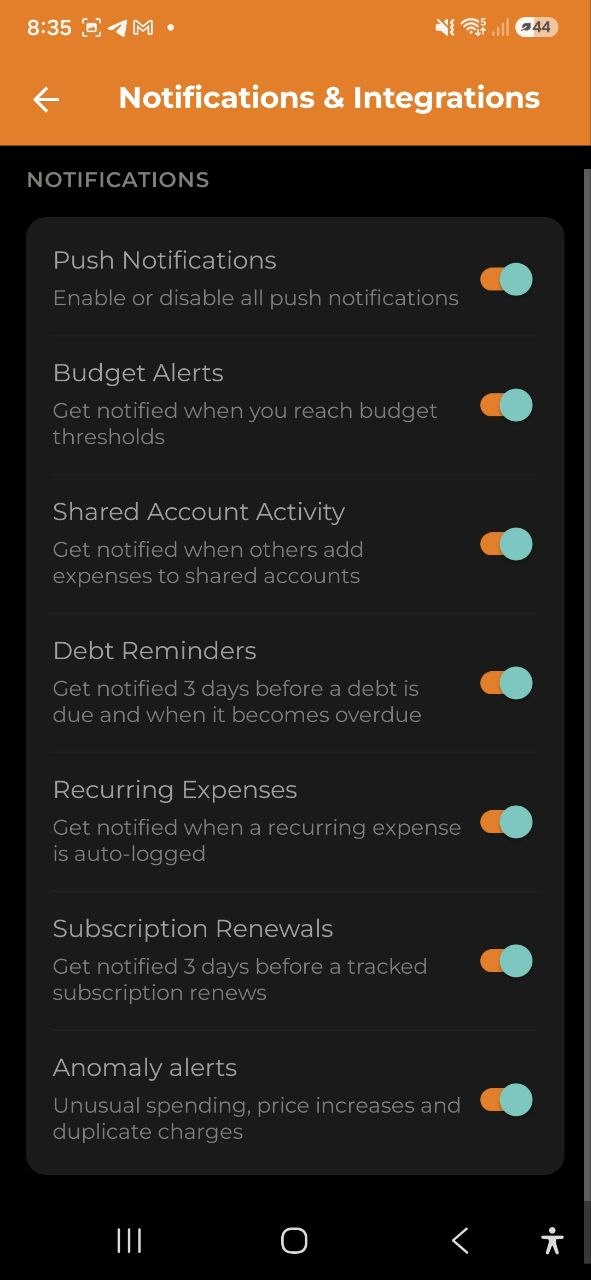 Settings — Notifications section